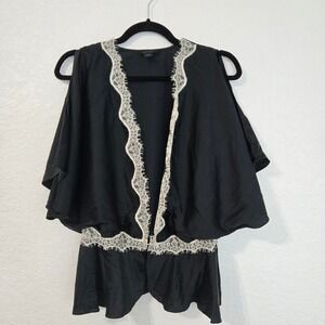 Express Black Cold Shoulder Blouse Silk Eyelash Lace Trim Flutter Sleeve XS